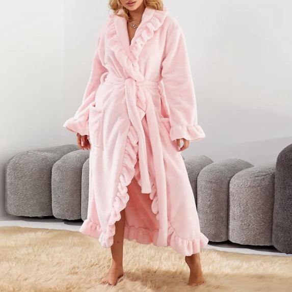 Women's Soft Ankle-Length Fleece Bathrobe Winter Fashion Ruffle Hem Thickened Sleepwear Robes with Side Pockets New Women Robe Cute Pinky S