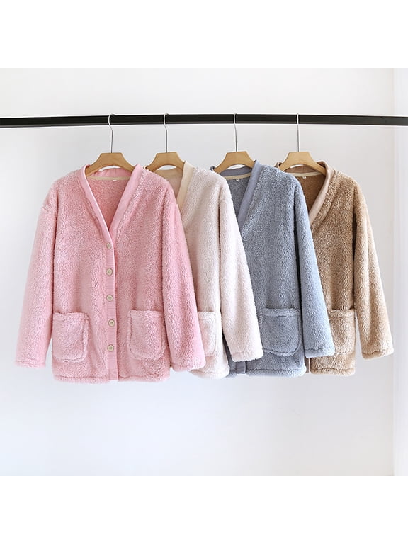 Women's Soft Bed Jacket Button Front Long Sleeve Fuzzy Fleece Jacket Pajama Tops Plush Sleepwear Coat Winter Loungewear with Pockets