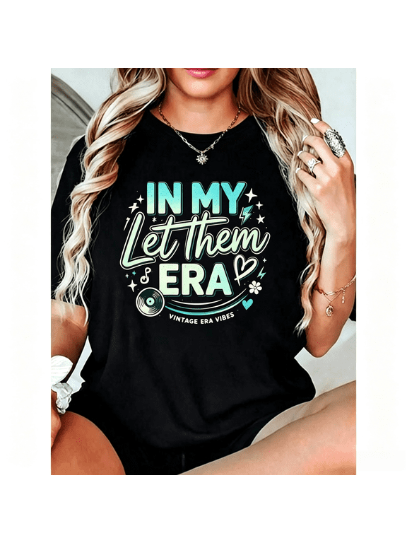Women’s Soft Black Graphic T-Shirt, In My Let Them Era Vintage Vinyl Record Music Note Heart Star Print Vintage Era Vibes Casual Short Sleeve Tee Gift for Music Lovers