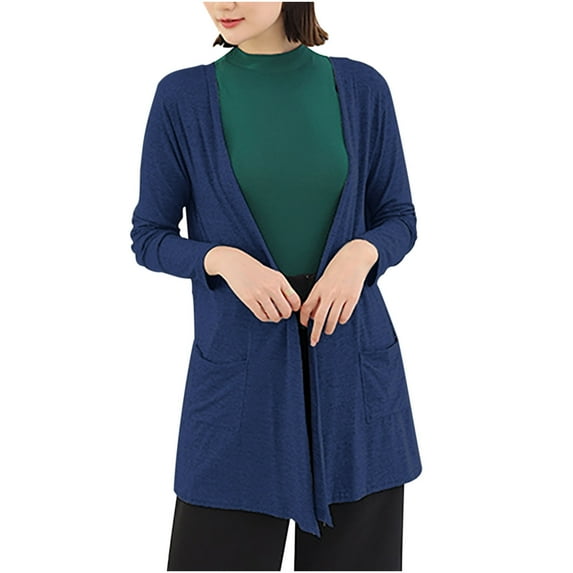 Women's Soft Cardigan with Pockets – Casual Open Front Light Weight Knit Coats with Long Sleeves Navy One Size