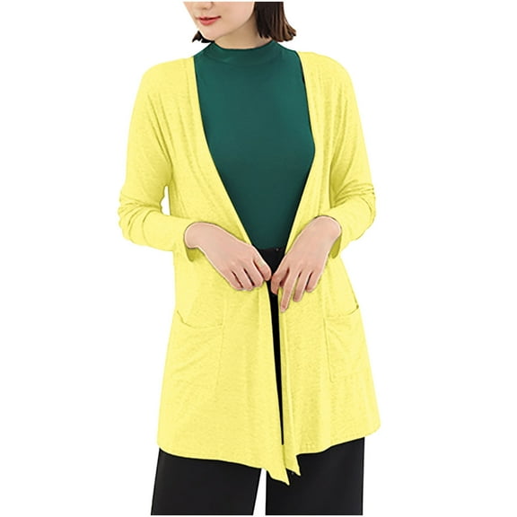Women's Soft Cardigan with Pockets – Casual Open Front Light Weight Knit Coats with Long Sleeves Yellow One Size