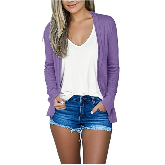 Women's Soft Cardigans Long Sleeve Lightweight Fall Jacket Tops Solid Casual Open Front Cardigan Outerwear (L, Purple)