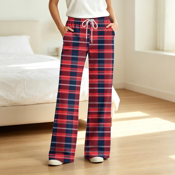 Women's Soft Casual Loungewear Bottoms Plaid Pajama Pants, Drawstring Elastic Waist with Side Pockets Homewear L