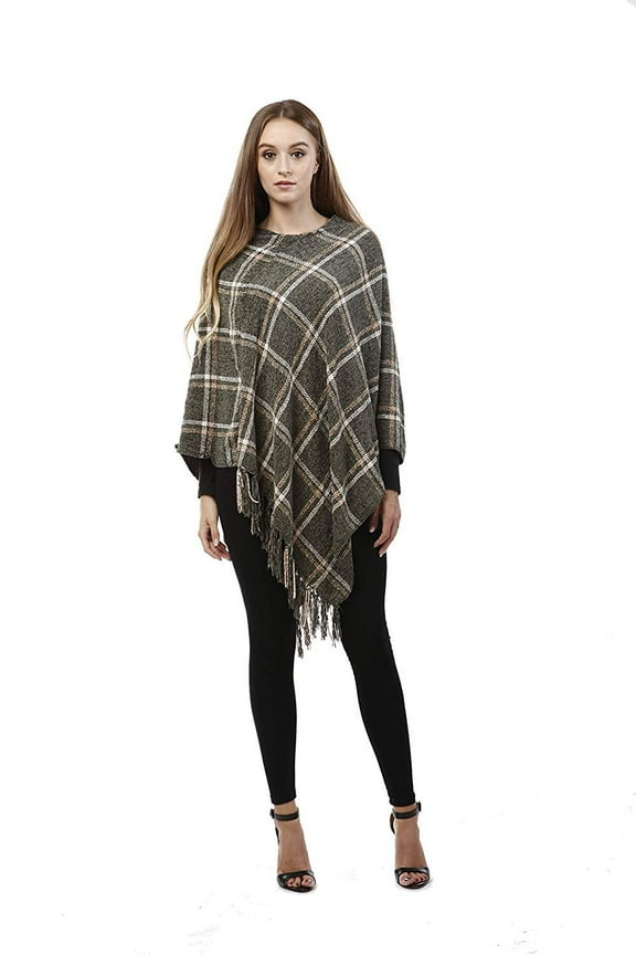 Women's Soft Chenille Plaid Fall Colors Cape Shawl Poncho with Fringe Olive