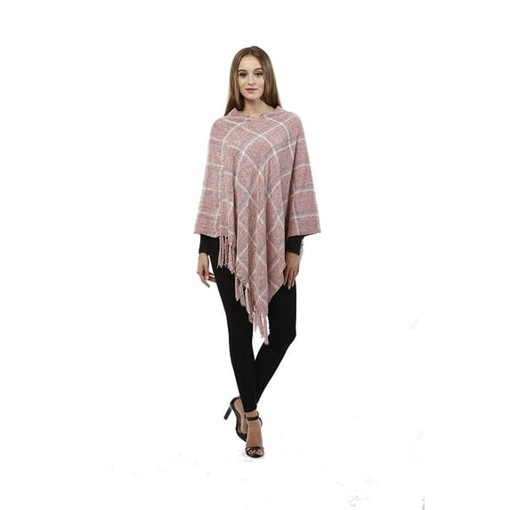 Women's Soft Chenille Plaid Fall Colors Cape Shawl Poncho with Fringe Pink