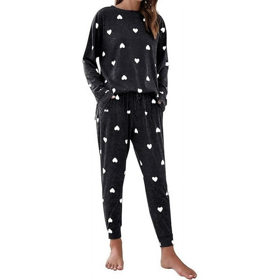 Women's Soft Comfortable Long Sleeve Pajamas, Fashionable Heart Print Elements Loungewear Set, Black