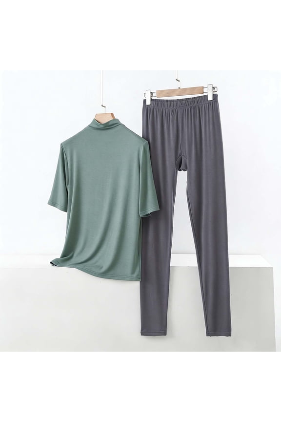 Women's Soft Comfy Pajamas Set 2 Piece Casual Mock Turtleneck Short Sleeve Tops and High Waisted Pants Loungewear New Fall Pajamas for Women Army Green M