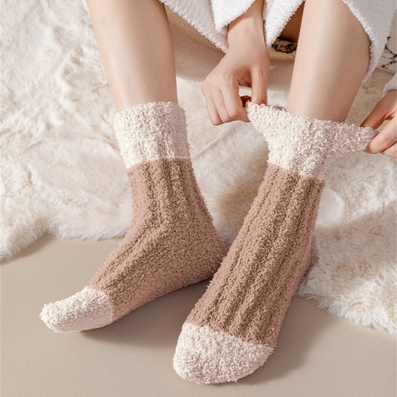 Women's Soft Coral Fleece Socks, Extra Thickened Plush Thermal Socks for Autumn and Winter, Non-Slip Cozy Home Socks, Warm Fuzzy House Slipper Socks for Indoor Comfort - Khaki
