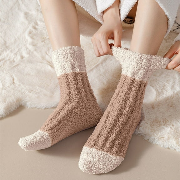 Women's Soft Coral Fleece Socks, Extra Thickened Plush Thermal Socks for Autumn and Winter, Non-Slip Cozy Home Socks, Warm Fuzzy House Slipper Socks for Indoor Comfort - Brown