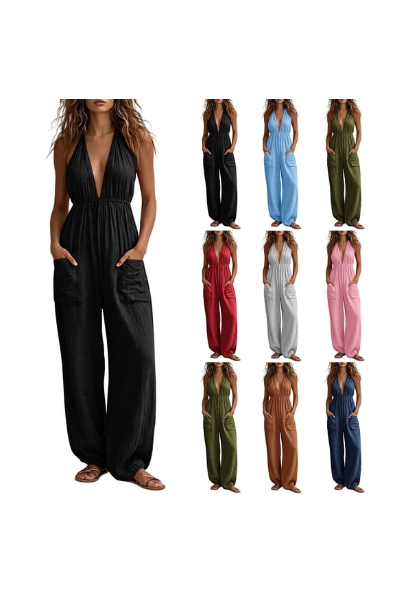 Women's Soft Cotton Blend Casual V-Neck Sleeveless Wide Leg Jumpsuit, Relaxed Fit with Side Pockets, Easy Care Weekend Romper, Summer Beach Wear, Travel Outfit, Maternity