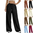 thumbnail image 1 of Women's Soft Cotton Blend Drawstring Wide Leg Pants, Mid Waist Pull On Elastic Waist, Tummy Control Flowy Trouser, Relaxed Fit Casual Pants, Linen Feel Long Pants for Summer,, 1 of 9