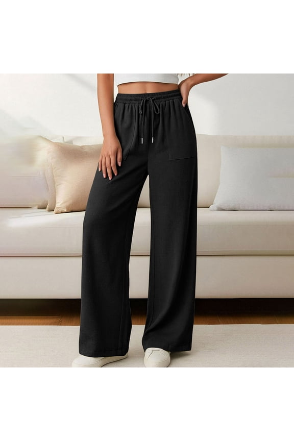Women's Soft Cotton Blend Drawstring Wide Leg Pants, Mid Waist Pull On Elastic Waist, Tummy Control Flowy Trouser, Relaxed Fit Casual Pants, Linen Feel Long Pants for Summer,