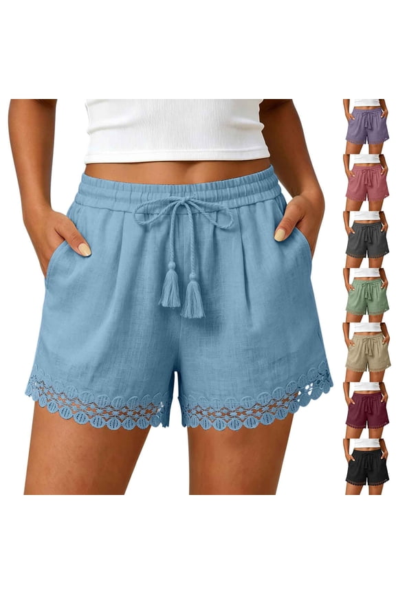 Women's Soft Cotton Blend Lace Elastic Waist Drawstring Shorts, Tummy Control Lightweight Summer Beach Shorts With Pockets, Casual Vacation Travel, Trendy Tassel Trim | TruBelle,Blue 3XL
