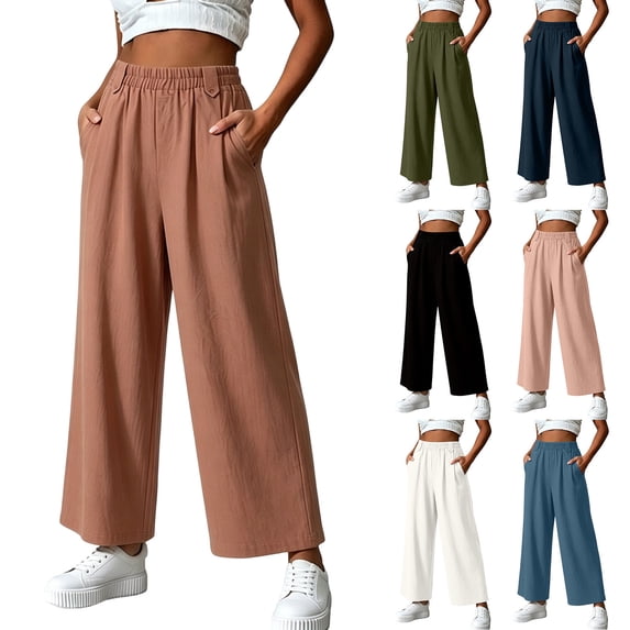 Women's Soft Cotton Blend Loose Fit Wide Leg Pants, Elastic Waist & Side Pockets, Mid Waist Relaxed Trousers for Casual, Maternity, Travel, | TruHer,Blue S