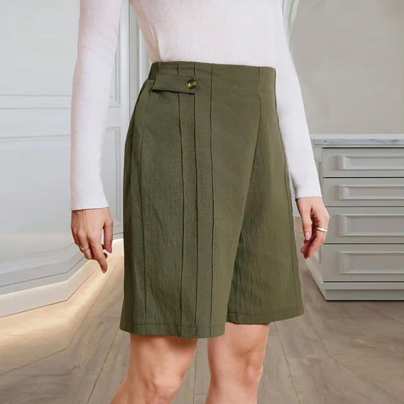 Women's Soft Cotton Blend Pleated Linen Style Shorts with Elastic Waistband And Buttons, Mid Waist Tummy Control Casual Summer Shorts, Solid Color Versatile Daily Wear | TruBelle,Green L
