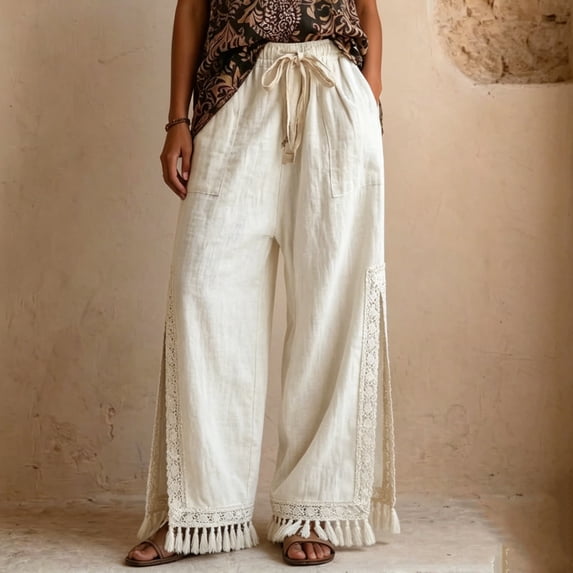 Women's Soft Cotton Blend Wide Leg Trousers, Elastic Mid Waist with Tummy Control & Flowy Silhouette, Comfy Loose Fit Dress Pants for Work, Daily Wear, Lounge & | TruHer,Beige S