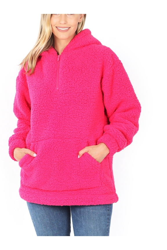Women's Soft Cotton Candy Fleece Quarter Zip-Up Sherpa Hoodie Sweatshirt Top with Kangaroo Pocket