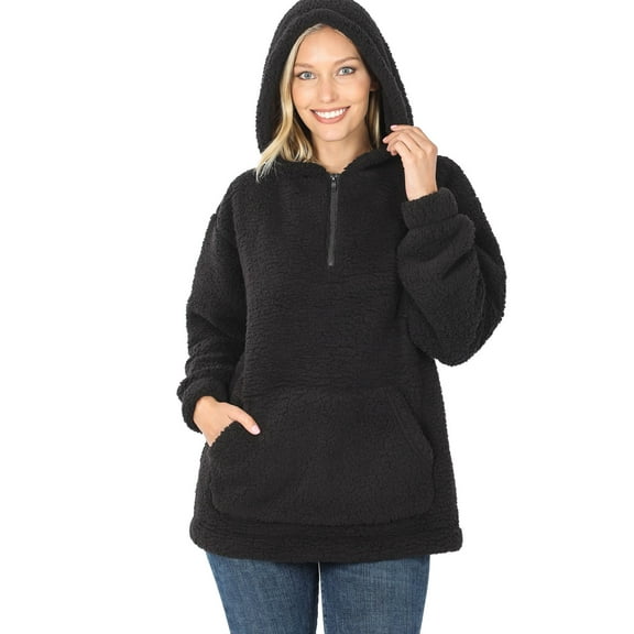 Women's Soft Cotton Candy Fleece Quarter Zip-Up Sherpa Hoodie Sweatshirt Top with Kangaroo Pocket