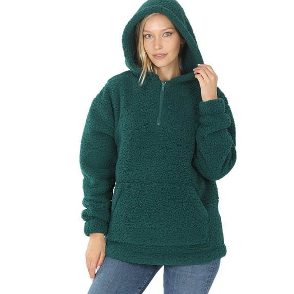 Women's Soft Cotton Candy Fleece Quarter Zip-Up Sherpa Hoodie Sweatshirt Top with Kangaroo Pocket