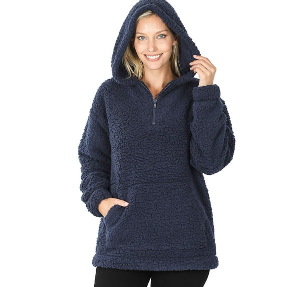 Women's Soft Cotton Candy Fleece Quarter Zip-Up Sherpa Hoodie Sweatshirt Top with Kangaroo Pocket