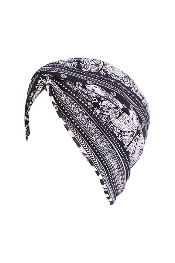 Women's Soft Cotton Chemo Caps Ethnic Print Stretch Beanie Head Scarf Cover Headwear Bandana Turban Hat Head Loss - Black
