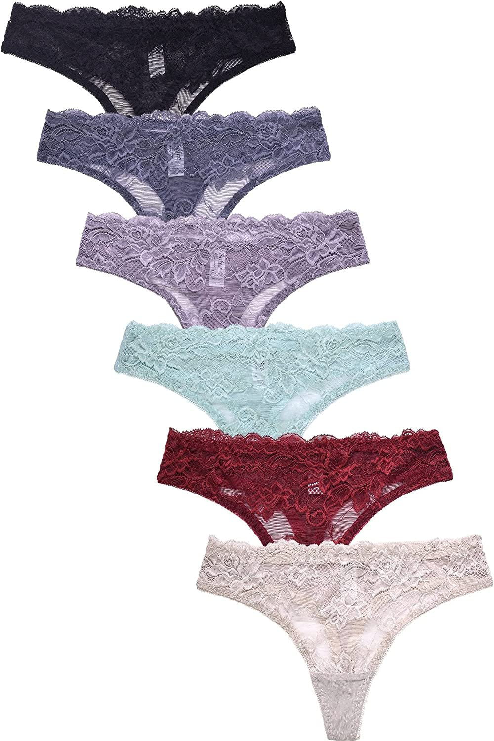 Women's Soft Cotton Lace No Show Thong Panty Pack of 12 - Various