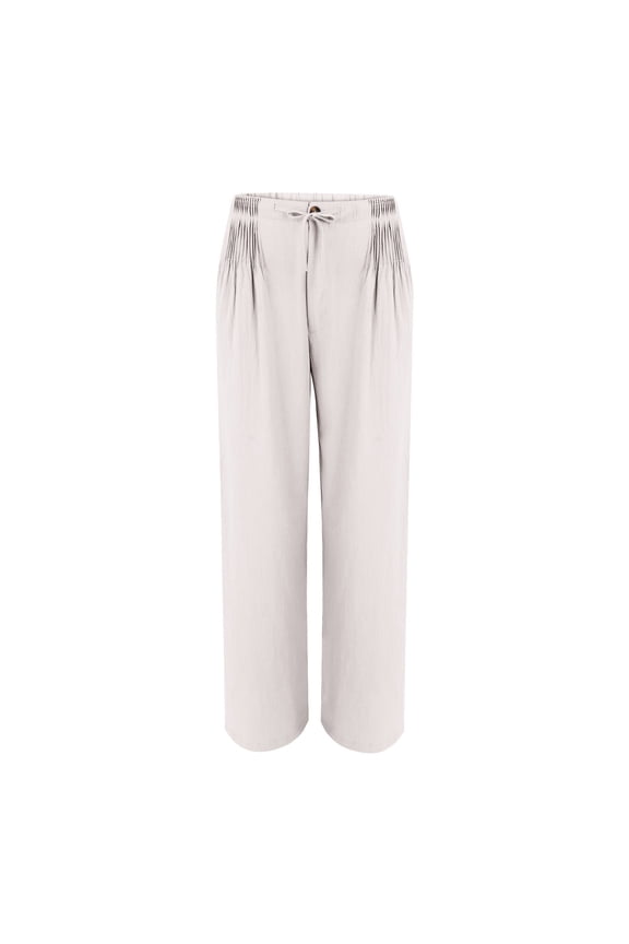 Women's Soft Cotton Line Straight Leg Pants, Elastic Waist Trousers with Button, Zipper Fly & Front Pleats, Casual Loose Fit Pants for Spring Summer Fall Daily Wear Beige L