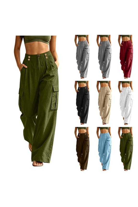 Women's Soft Cotton Linen Pull On Straight Leg Long Pants with Side Pockets, Elastic Waist Wide Leg Trousers with Tummy Control, Casual Summer Work Pants for Office, Travel,