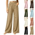 thumbnail image 1 of Women's Soft Cotton Loose Straight Leg Pants with Elastic Waist, Casual Wide Leg Trousers with Side Pockets, Tummy Control, Summer Breathable, Work Lounge | TruHer,Black XL, 1 of 8
