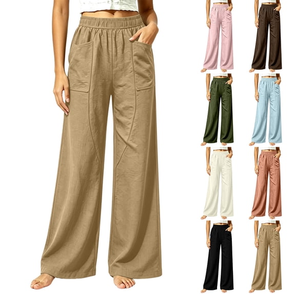 Women's Soft Cotton Loose Straight Leg Pants with Elastic Waist, Casual Wide Leg Trousers with Side Pockets, Tummy Control, Summer Breathable, Work Lounge | TruHer,Light Blue XL