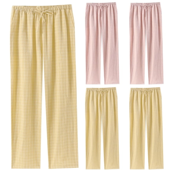 Women's Soft Cotton Muslin Pajama Pants, Loose Full Length Silhouette, Elastic Waist with Drawstring, Lightweight Checkered Lounge Bottoms, Comfy Sleepwear for Home Lounging,