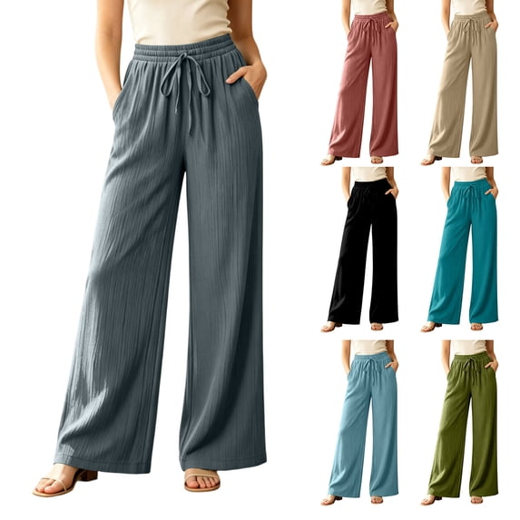 Women's Soft Cotton Wide Leg Pants, Elastic High Waist Drawstring Flowy Trousers with Pockets, Tummy Control Straight Leg Summer Beach Travel | TruHer,Black S