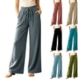 thumbnail image 1 of Women's Soft Cotton Wide Leg Pants, Elastic High Waist Drawstring Flowy Trousers with Pockets, Tummy Control Straight Leg Summer Beach Travel | TruHer,Light Blue XL, 1 of 7