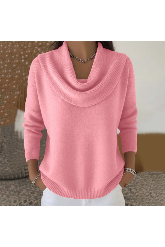 Women's Soft Cowl Neck Solid Color Sweater Top, Cozy Knitted Casual Clothes Pullover Pink L