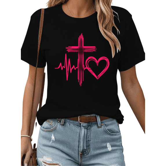 Women's Soft Cozy "Cross Heartbeat" Christian Graphic Cotton T Shirt Comfortable Short Sleeve Round Neck Top Black S-5XL