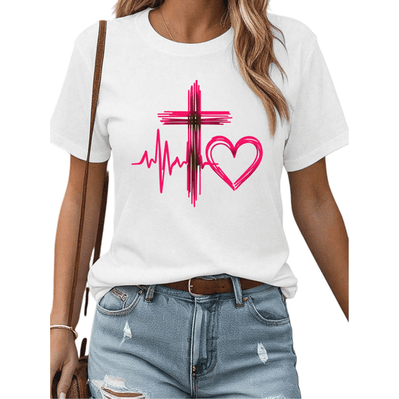 Women's Soft Cozy "Cross Heartbeat" Christian Graphic Cotton T Shirt Comfortable Short Sleeve Round Neck Top White S-5XL