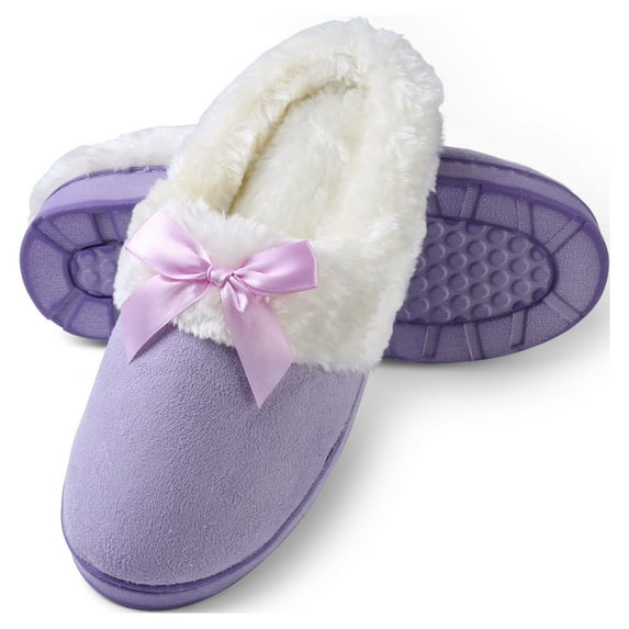 Women’s Soft & Cozy Memory Foam Plush Slippers with Ribbon Bow and Non-Slip Rubber Sole – Indoor Outdoor Spa House Shoes