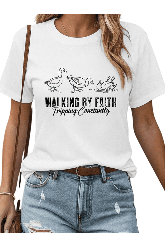 Women's Soft Cozy "Walking By Faith" Funny Christian Graphic Breathable T Shirt Short Sleeve Round Neck Top White S-5XL
