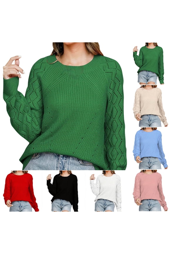 Women's Soft Crewneck Long Sleeve Pullover Sweater Tops Knits Cardigans Solid Color Hollow Cable Knit Loose Fit Casual Daily Wear Work Office Travel Fashion Essential Gift for Women