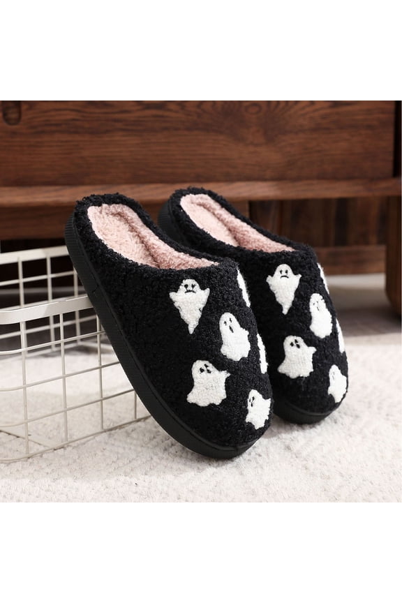 Women’s Soft Curly Full Slippers Fashion Casual Men And Women Couples Halloween Cute Ghost Warm Winter Slippers Home Slippers