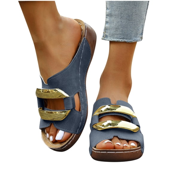Women’s Soft Curly Full Slippers Fashion Casual Spring And Summer Style Solid Color Hollow Metal Buckle Fish Mouth Open Toe One-Foot Thick Bottom Wedge Heel Slippers