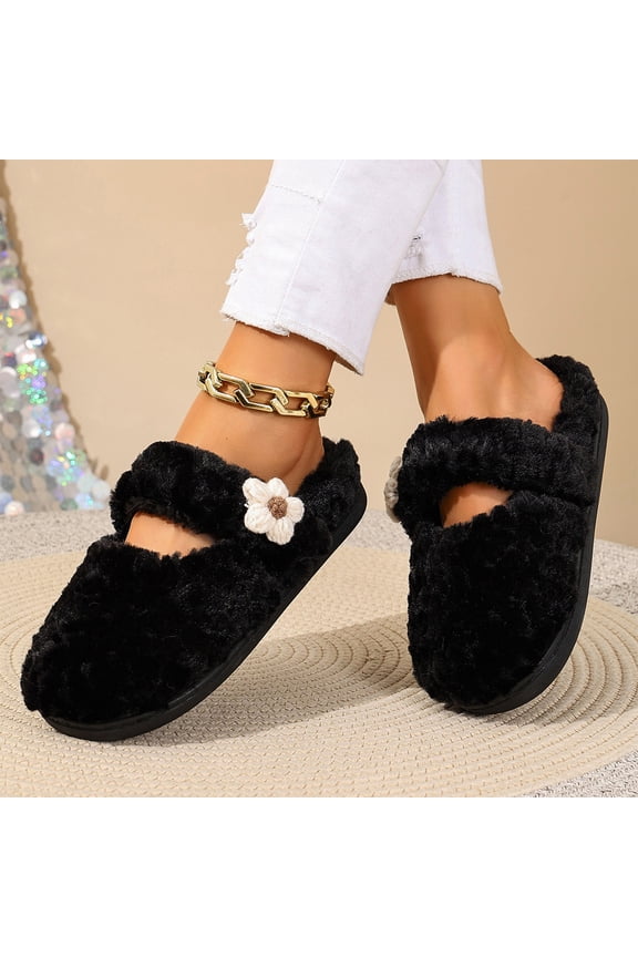 Women's Soft Curly Plush Warm Lined Mule Slippers Cute Handmade Floral Ornament Adjustable Top Band Cushioned Anti Skid Winter Bedroom Footwear For Women
