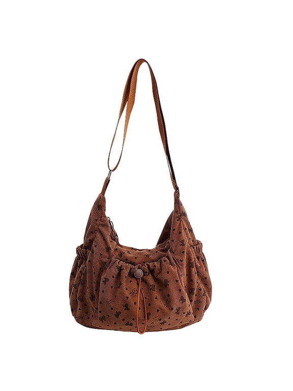 Women's Soft Cute Drawstring Crossbody Tote Bag - Lightweight Nylon Hobo Shoulder Purse with Heart Butterfly Print, Adjustable Wide Strap for Daily Commute Travel