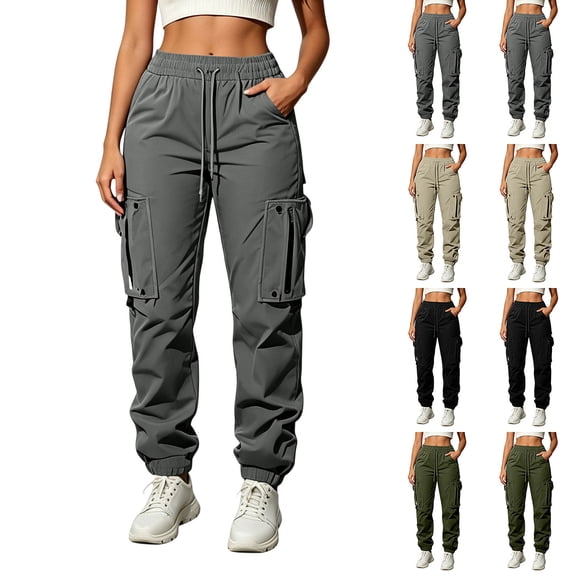 Women's Soft Elastic Waist Drawstring Cargo Pants, Multi-Pocket Multi-Functional Silhouette, Stretchy Tummy Control Casual Trousers for Hiking, Travel, Work, Daily Wear, | TruHer,Black XS