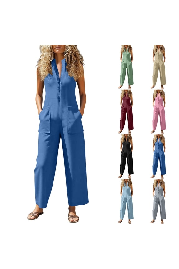 Women's Soft Fabric Button Down Jumpsuit, Mid Waist Body Shaping Casual Fit, Side Pockets Comfortable Solid Color, For Work Day Errands Vacation Everyday Wear | TruHer,Pink XL