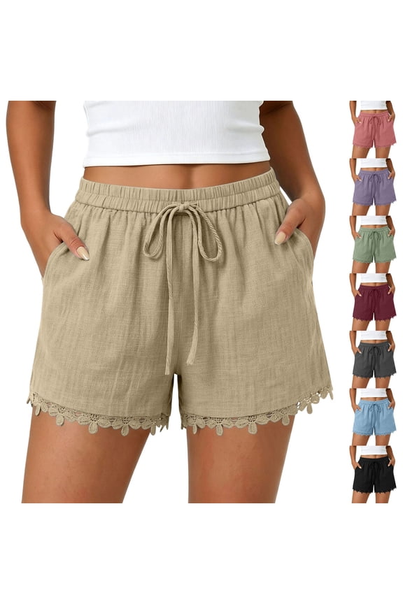 Women's Soft Fabric Delicate Lace Shorts, Drawstring Elastic Waist Flattering Look, Functional Side Pockets Elegant Intricate Trim Matrix, Summer Beachwear Daily Casual Lounge Outing, Solid
