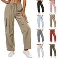 thumbnail image 1 of Women's Soft Fabric Drawstring Waist Casual Pants, Tummy Control Solid Color Cotton Blend, Loose Fit with Functional Side Pockets, Mid Waist Blouson Pull-On Trousers for Summer, 1 of 6