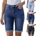 thumbnail image 1 of Women's Soft Fabric Elastic Waist Casual Denim Shorts, Mid Rise, Tummy Control, Relaxed Fit, Side Pockets, Easy Care, Daily Wear, Summer Outing, Weekend Errands, Denim | CSEONE,Dark Blue XL, 1 of 9