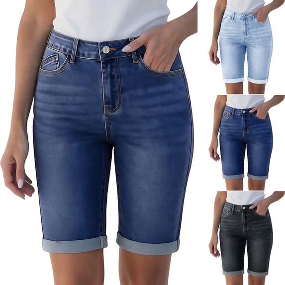 Women's Soft Fabric Elastic Waist Casual Denim Shorts, Mid Rise, Tummy Control, Relaxed Fit, Side Pockets, Easy Care, Daily Wear, Summer Outing, Weekend Errands, Denim | CSEONE,Dark Blue XL