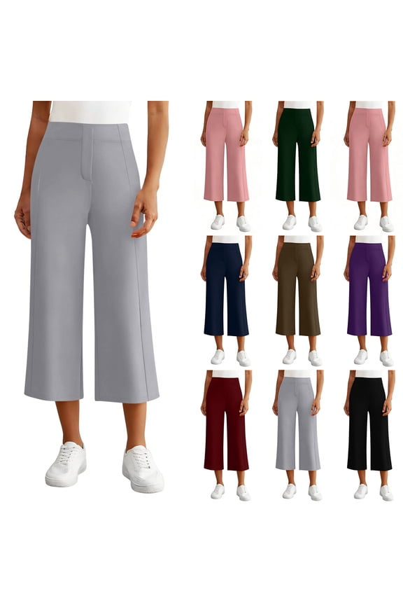 Women's Soft Fabric Elastic Waist Fold Hem Wide Leg Pants Trousers, Mid Waist Tummy Control Flowy Silhouette, Casual Summer Dress Pants with Side Pockets, Easy Care Versatile